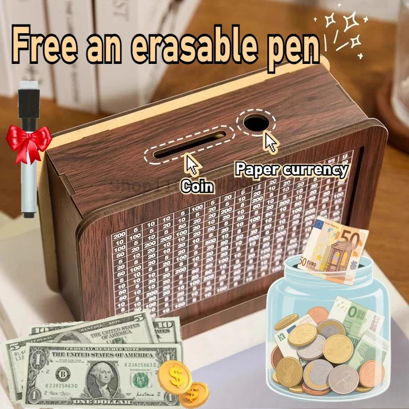 Wooden 10,000 Savings Challenge Piggy Bank Cash Box