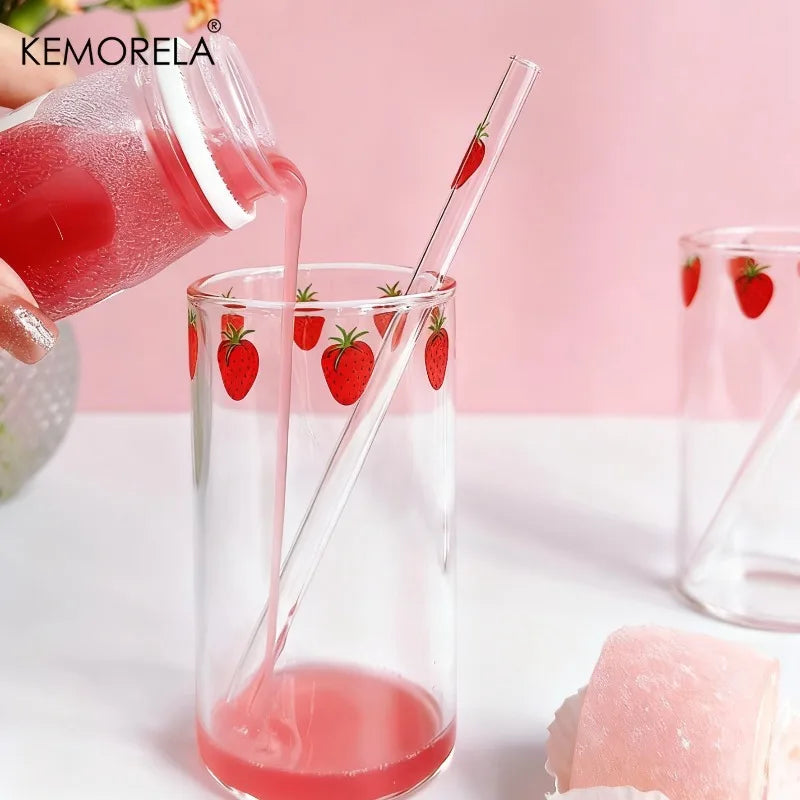 Cute Strawberry Glass Cup with Straw 300ml | KEMORELA Mug
