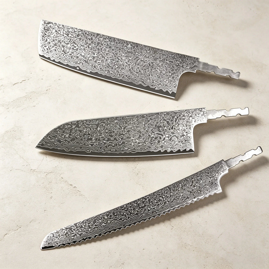 Damascus Steel Chef Knife Blade Set – No Handle, 1–5 Pcs