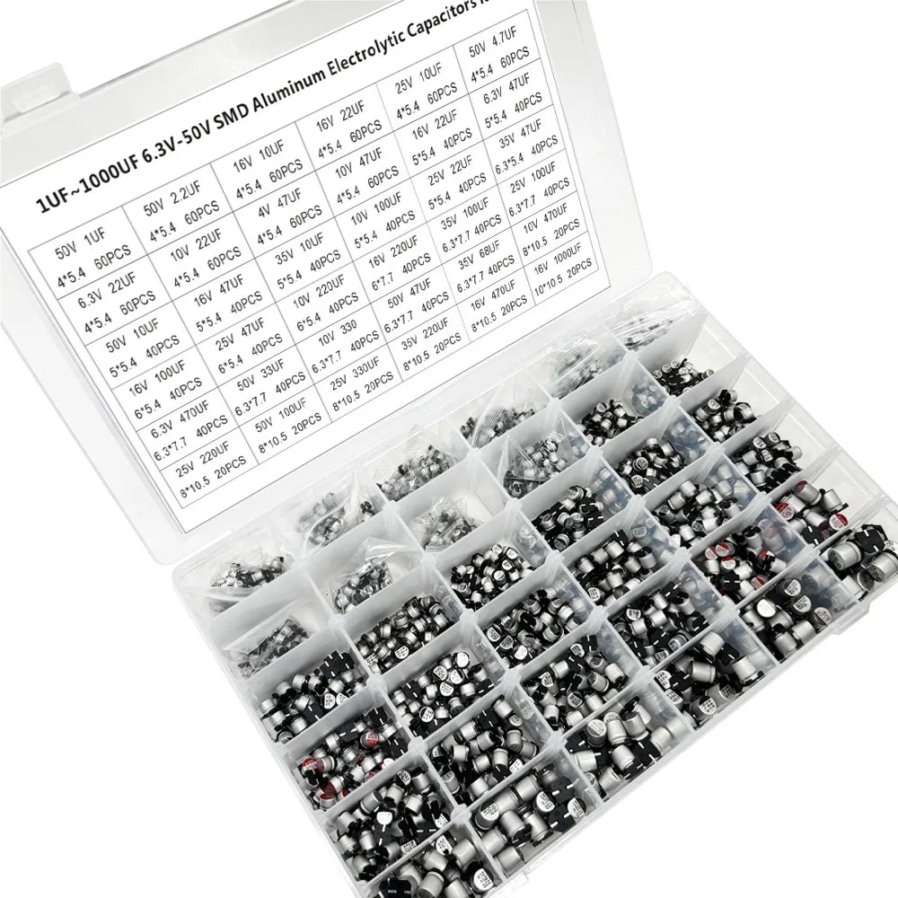 1500PCS SMD Electrolytic Capacitor Kit – 36 Values 1µF–1000µF
