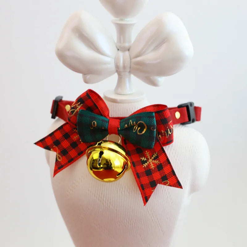 Christmas Pet Collar Bell Bow Red Green Themed Adjustable Dog Cat