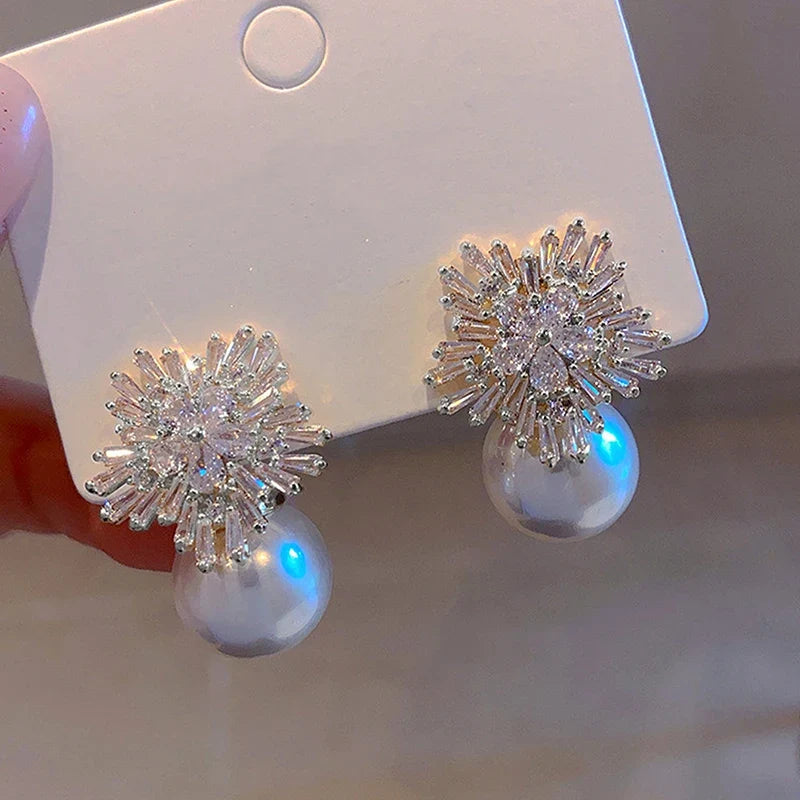 Huitan CZ Flower Pearl Drop Earrings – Wedding & Party Jewelry