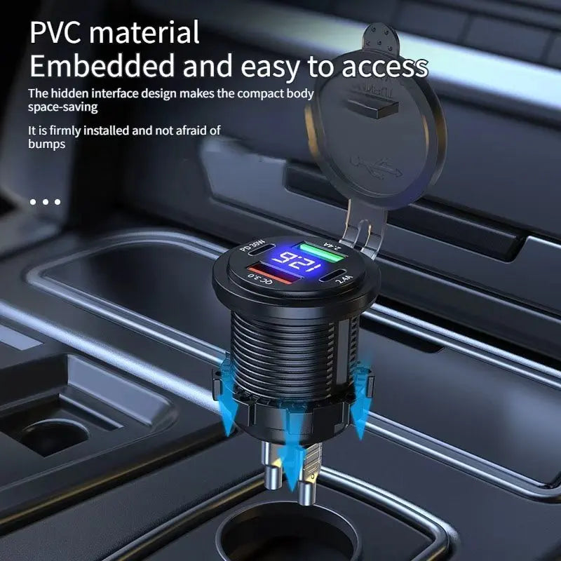 4-Port Car Charger Socket Dual USB-C & USB-A 96W + Voltmeter