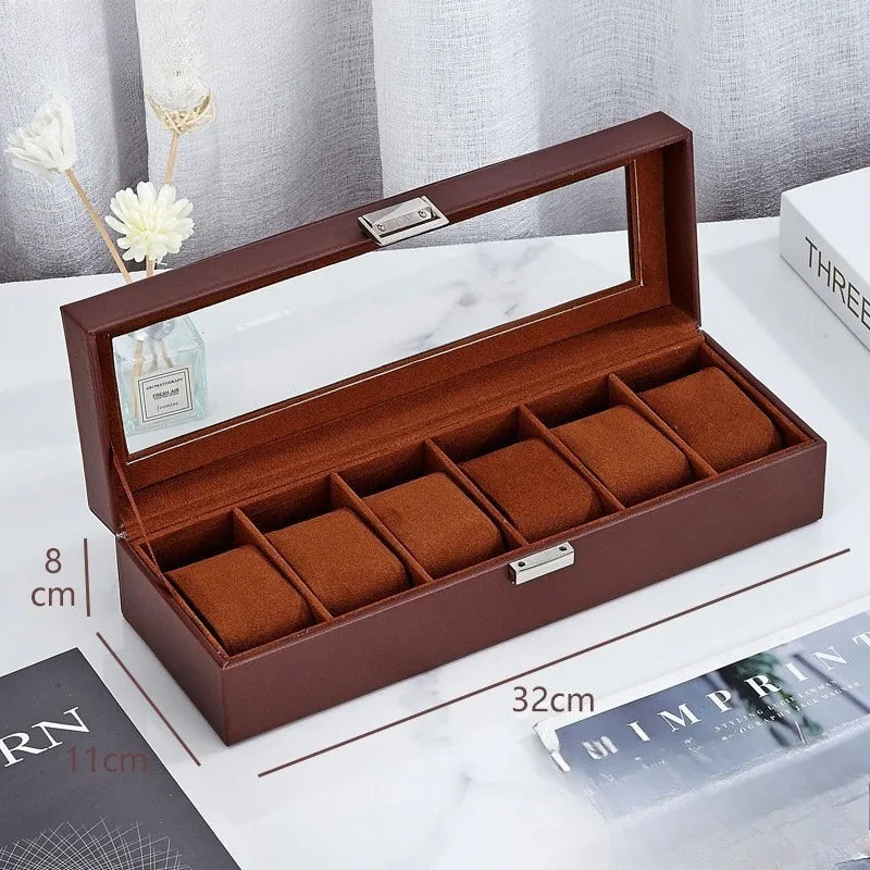 6 Grids PU Leather Watch Box Luxury Storage Display Case Wristwatch