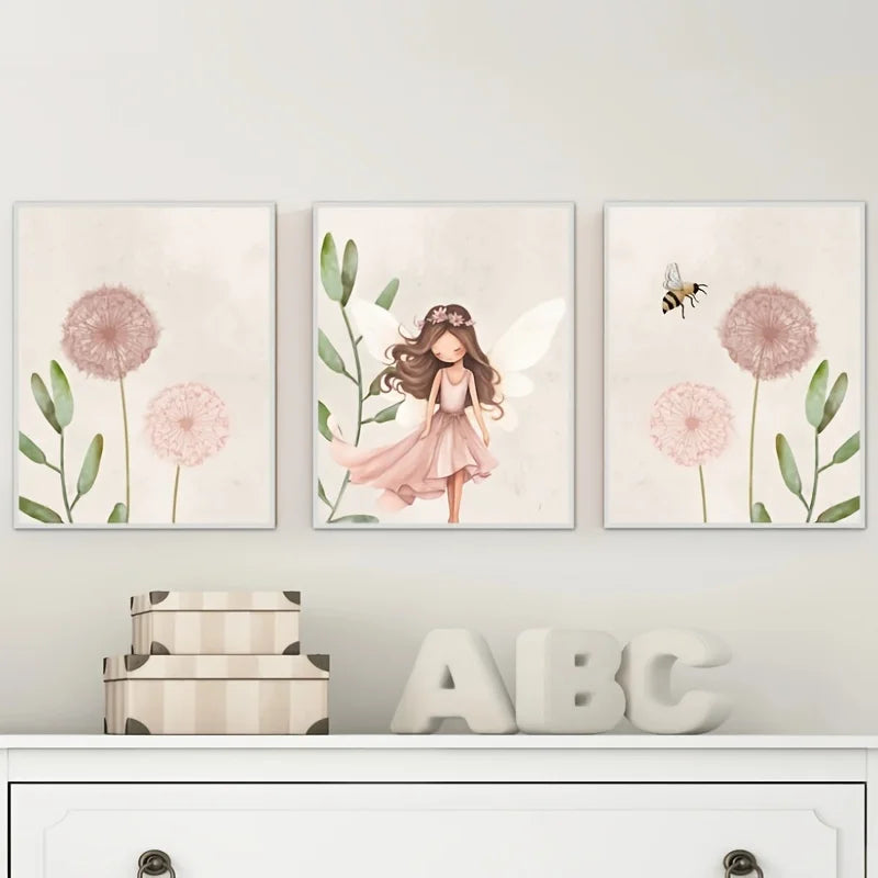 3-Piece Pink Dandelion Canvas Wall Art Set | Fairy Floral Prints
