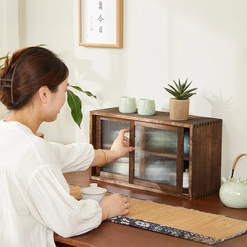 Desktop Solid Wood Storage Box Cup Cabinet Tea Water Shelf Glass