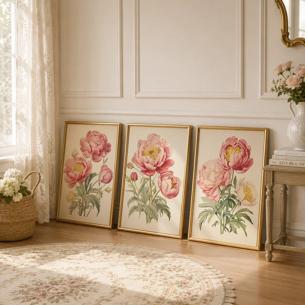 Vintage Botanical Peony Canvas Print | Pink Floral Wall Art