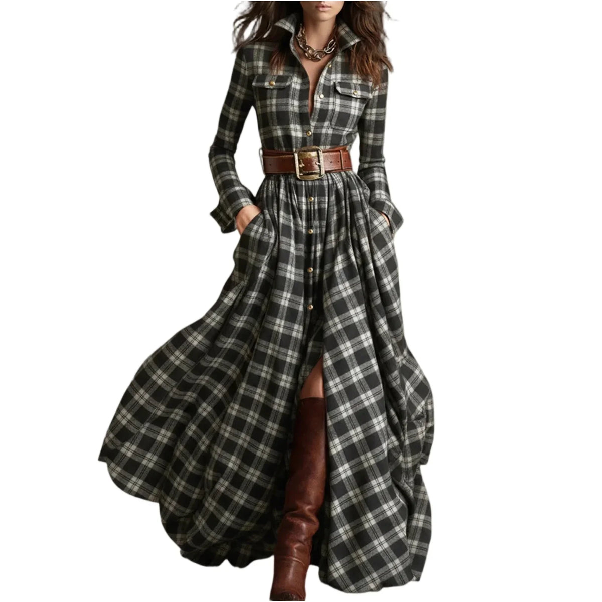 Retro Plaid Maxi Shirt Dress – Long Sleeve, Belt & Pockets