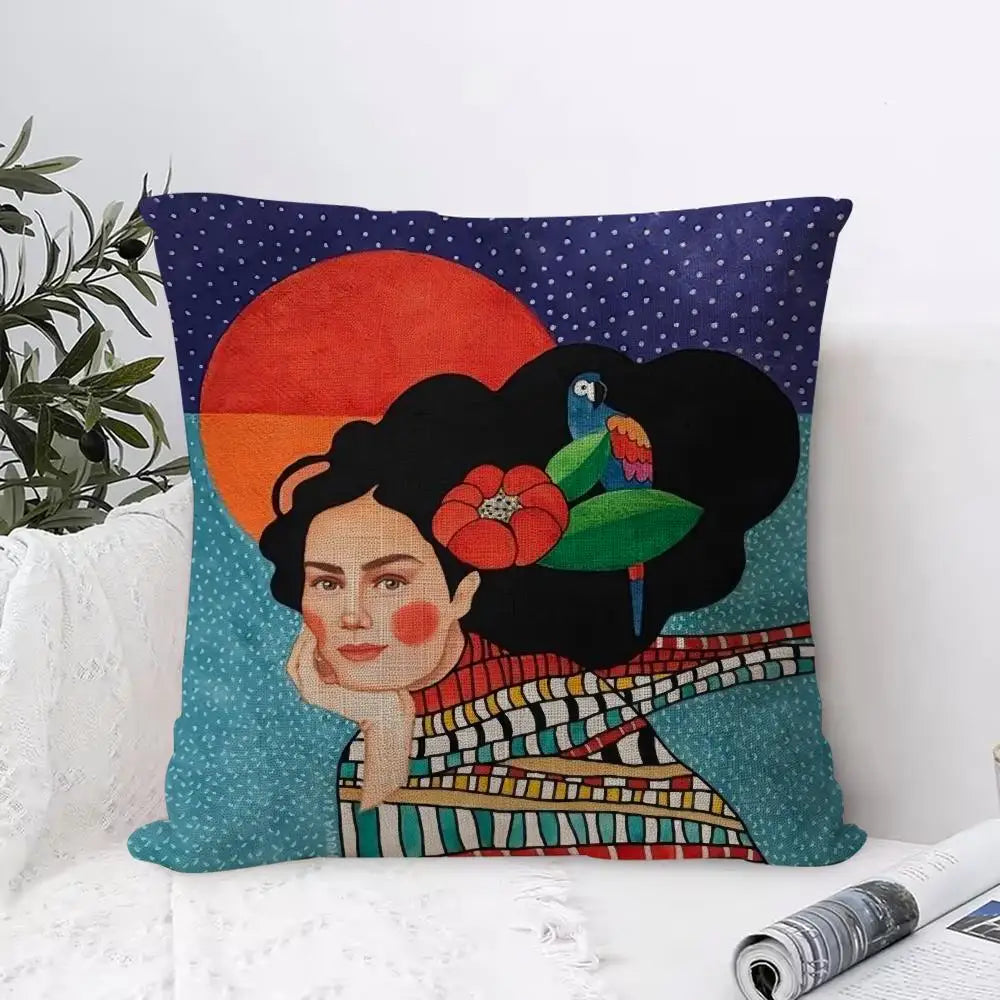 Abstract Girl Hair Flower Linen Cushion Cover | Home Decor