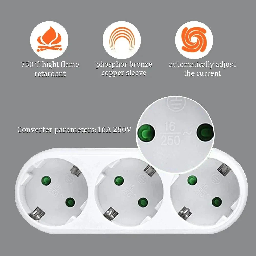 EU 1-to-3 Way Wall Socket Extender | European Plug Adapter