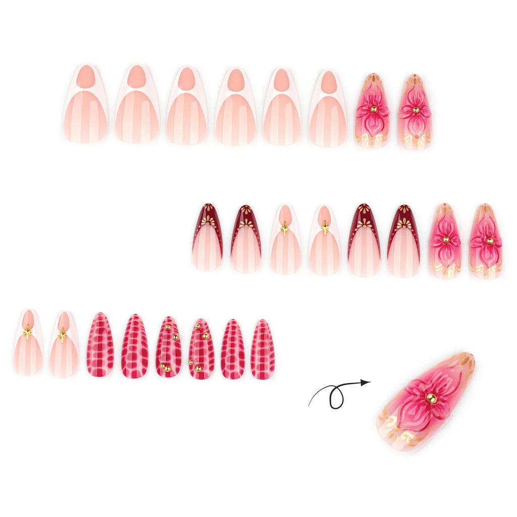 3D Flower Press-On Nails – Black French Almond 24pc Set
