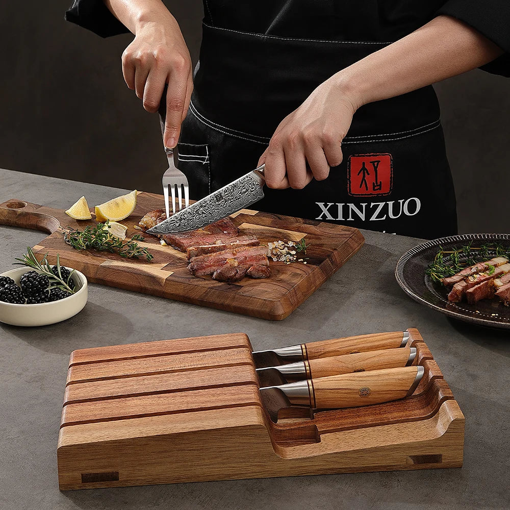 XINZUO 5-Pc Damascus Steak Knife Set | Olive Wood & Acacia Tray