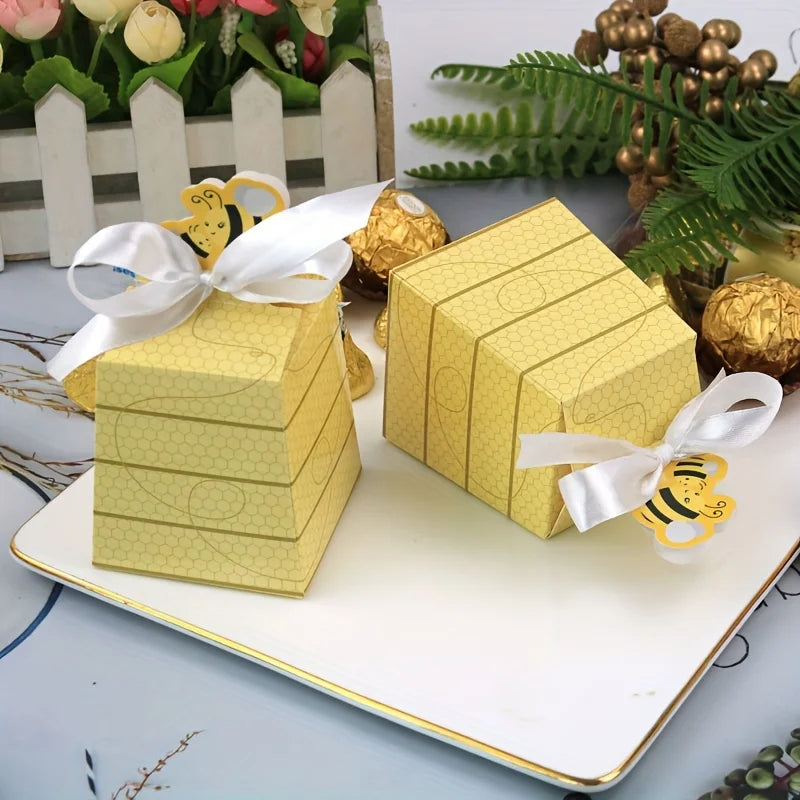 30 Bee Design Paper Gift Boxes with Ribbon Bows | Party Candy Boxes