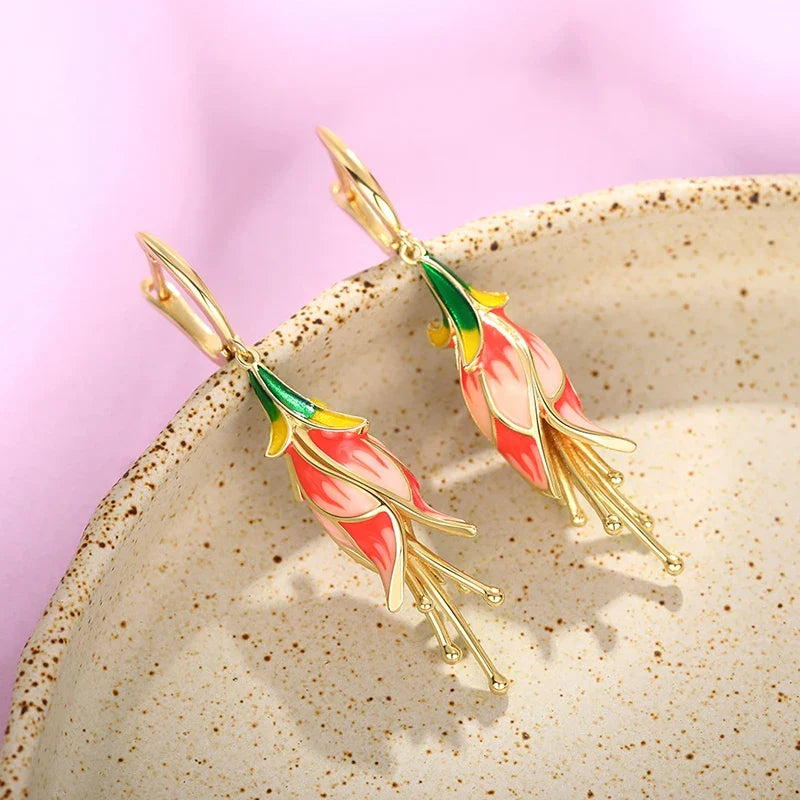 Huitan Pink Tulip Enamel Drop Earrings | Women's Fashion Jewelry