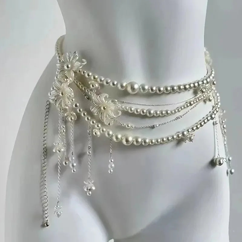 Multilayer Pearl Waist Chain Belt – Y2K Retro Women's Fashion