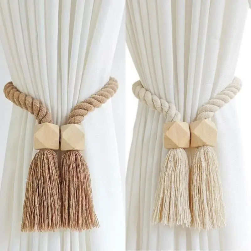 Magnetic Wooden Tassel Curtain Holdbacks – Set of 2