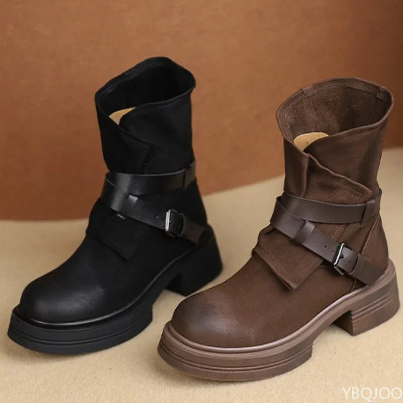 Women's Retro Ankle Boots – Thick Sole Square Heel Buckle Brown