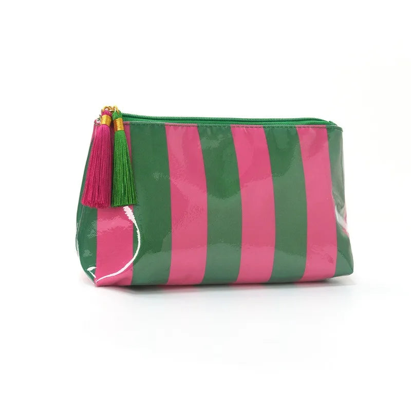 2026 PVC Striped Cosmetic Bag Makeup Fringe Zipper Waterproof Travel