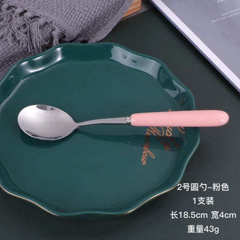 4-Piece Ceramic Handle Dessert Spoons – Stainless Steel Set