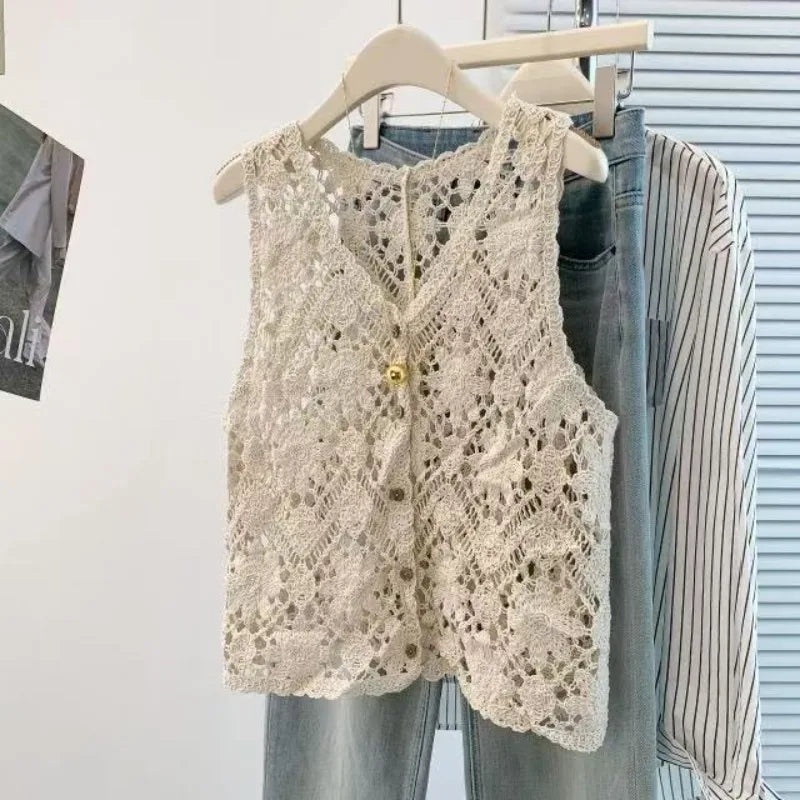 Open Knit Floral Crochet Vest – Boho Sleeveless Cardigan