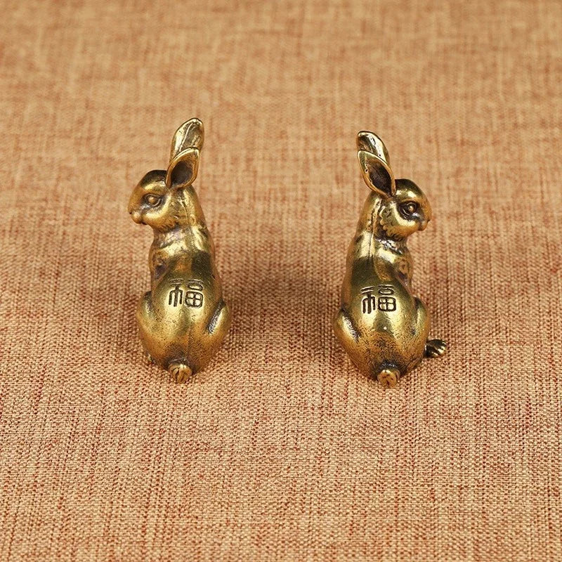 Antique Copper Zodiac Rabbit Statues – Brass Miniature Figurine Pair