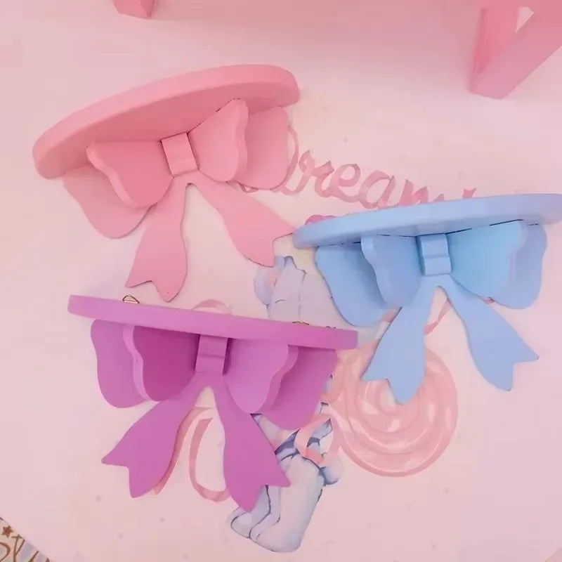 Pink Wooden Wall Shelf Bow Decor Frame Girls Room Storage Rack Home