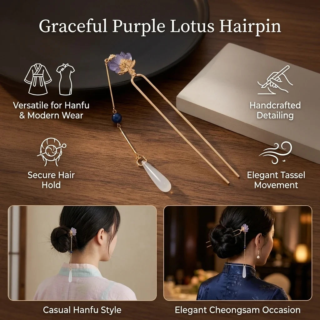 Purple Lotus Tassel Hairpin | Hanfu Cheongsam Hair Accessory