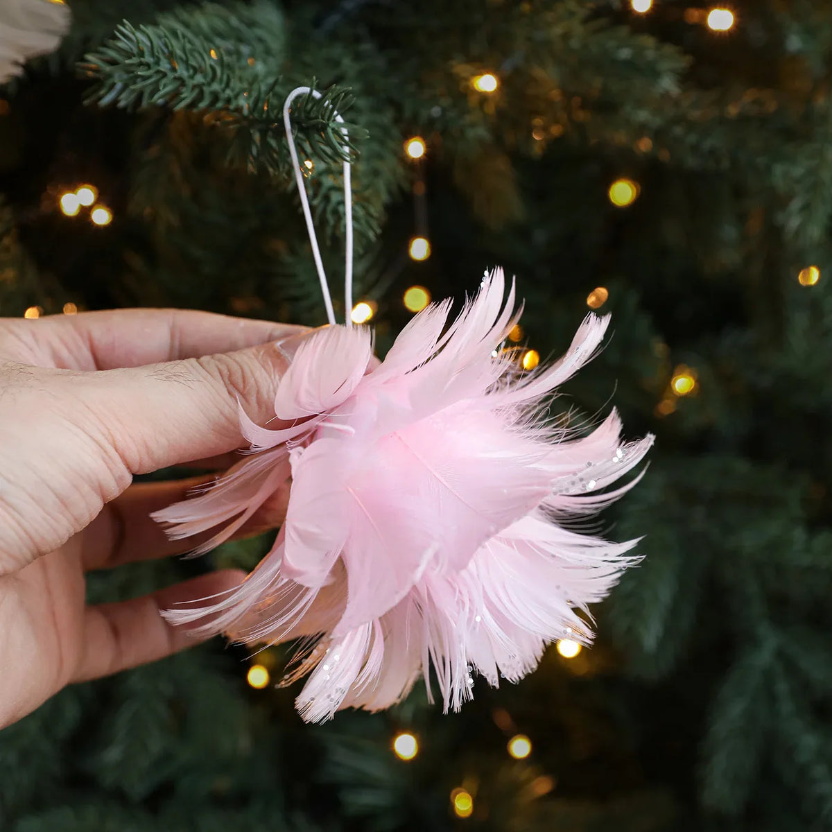 Pink White Feather Petal Glitter Christmas Foam Ball Ornament