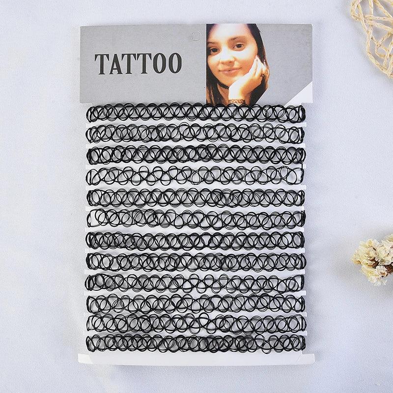 12-Pack Vintage Hippie Stretch Tattoo Choker Necklace Set