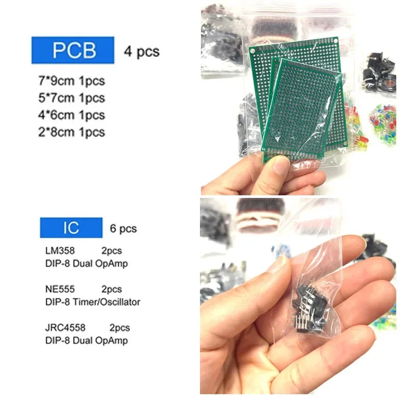 1818pcs Electronic Components Kit – Resistors, Capacitors, LEDs, PCB