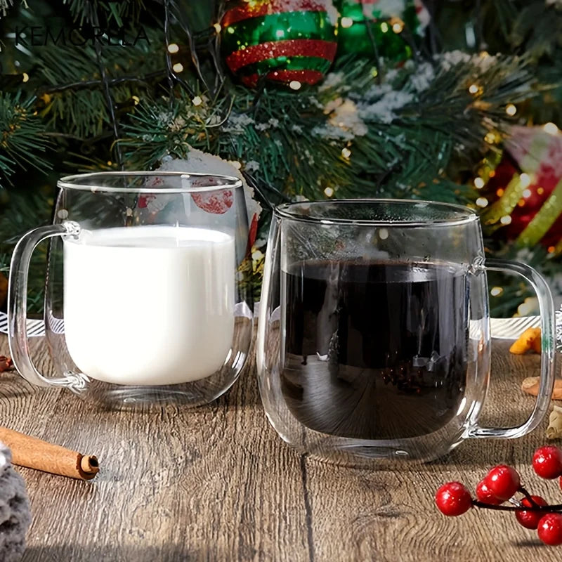 KEMORELA Double Wall Clear Glass Coffee Cup with Handle | 1-2 Pack