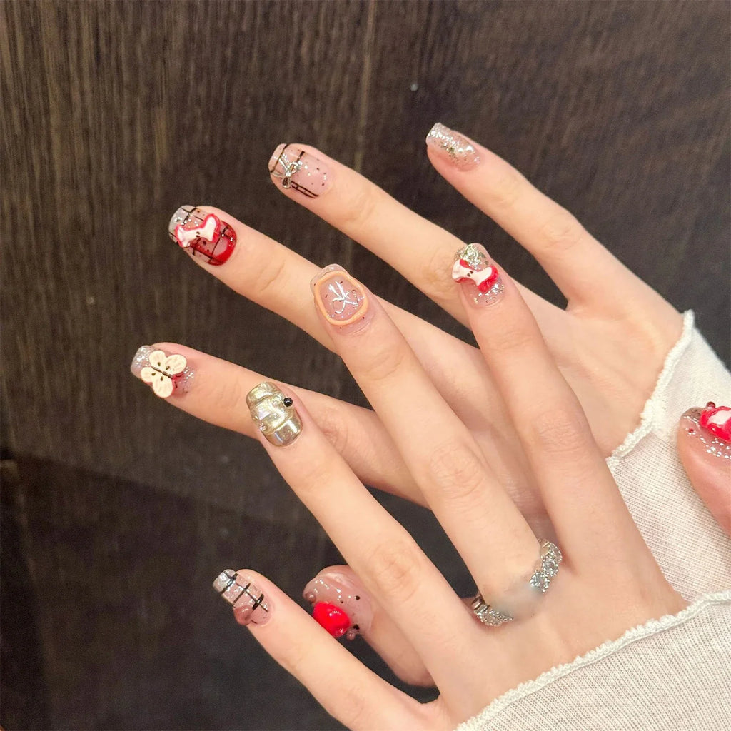 Christmas Press On Nails | 3D Bow Sequin Handmade Fake Nails 10pc