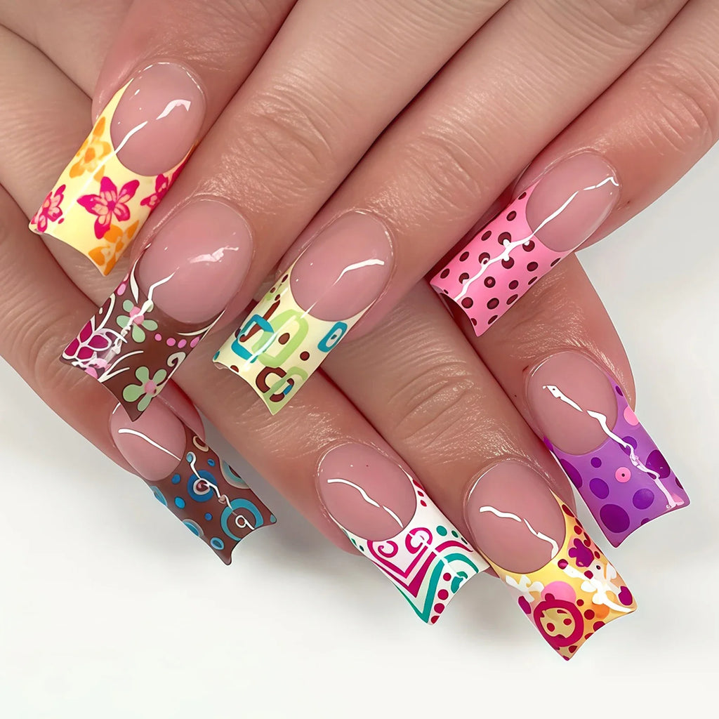 Press Nails French False Red-purple Polka Dot 3D Colorful Flowers