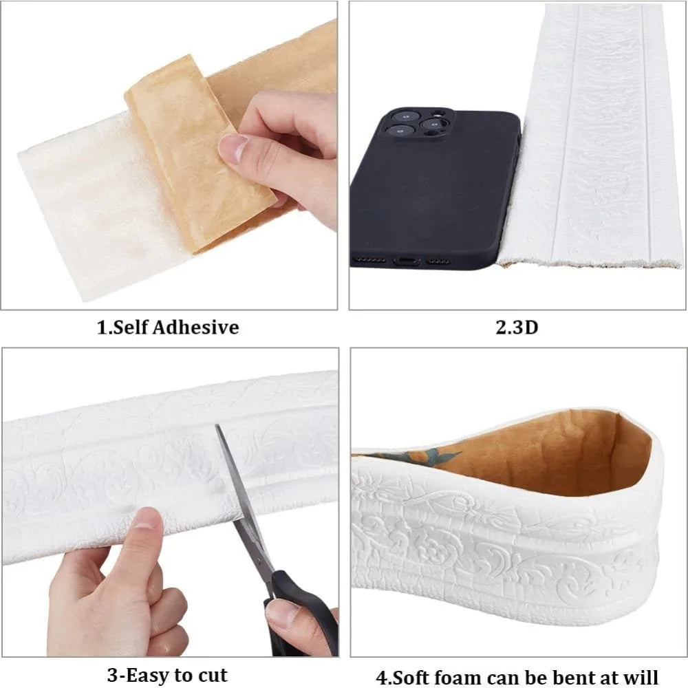 Peel & Stick Flexible Foam Wall Trim – 3D White Molding 88"