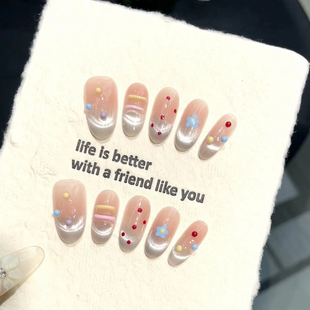 Handmade Press-On Nails | Almond Cat's Eye French Tip 3D Art