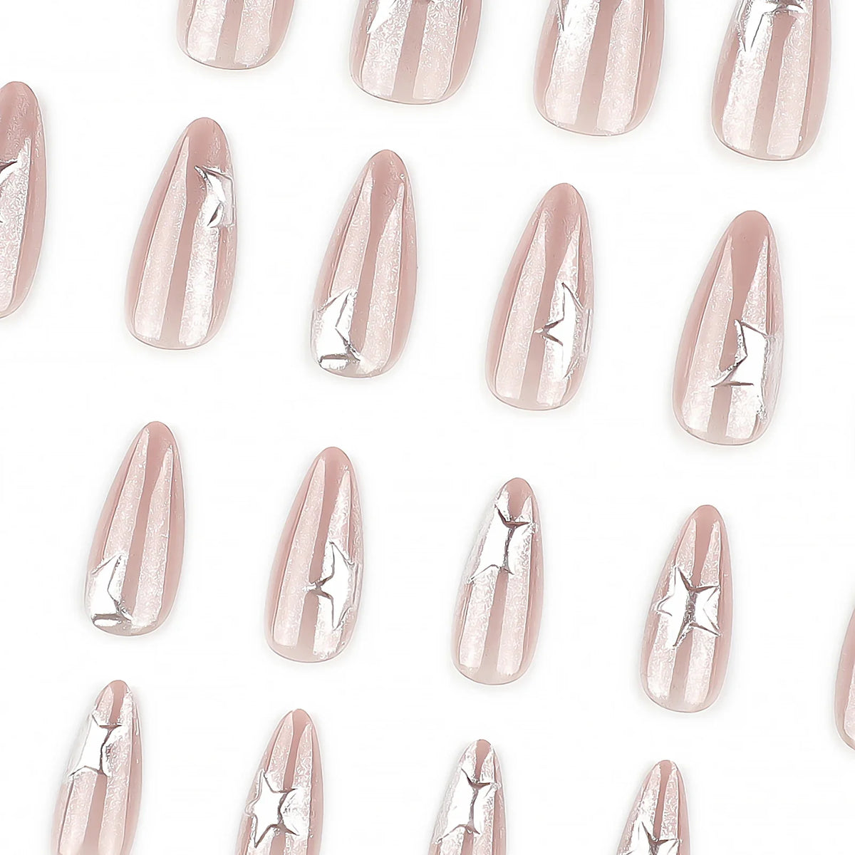 24pcs Y2K 3D Silver Star Press On Nails | Cat Eye Almond Glitter