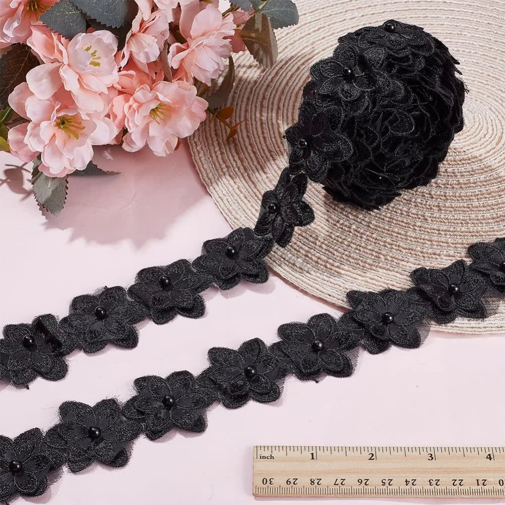 Pearl Trim Organza Lace Ribbon 4 Yds – 3D Floral Applique Black