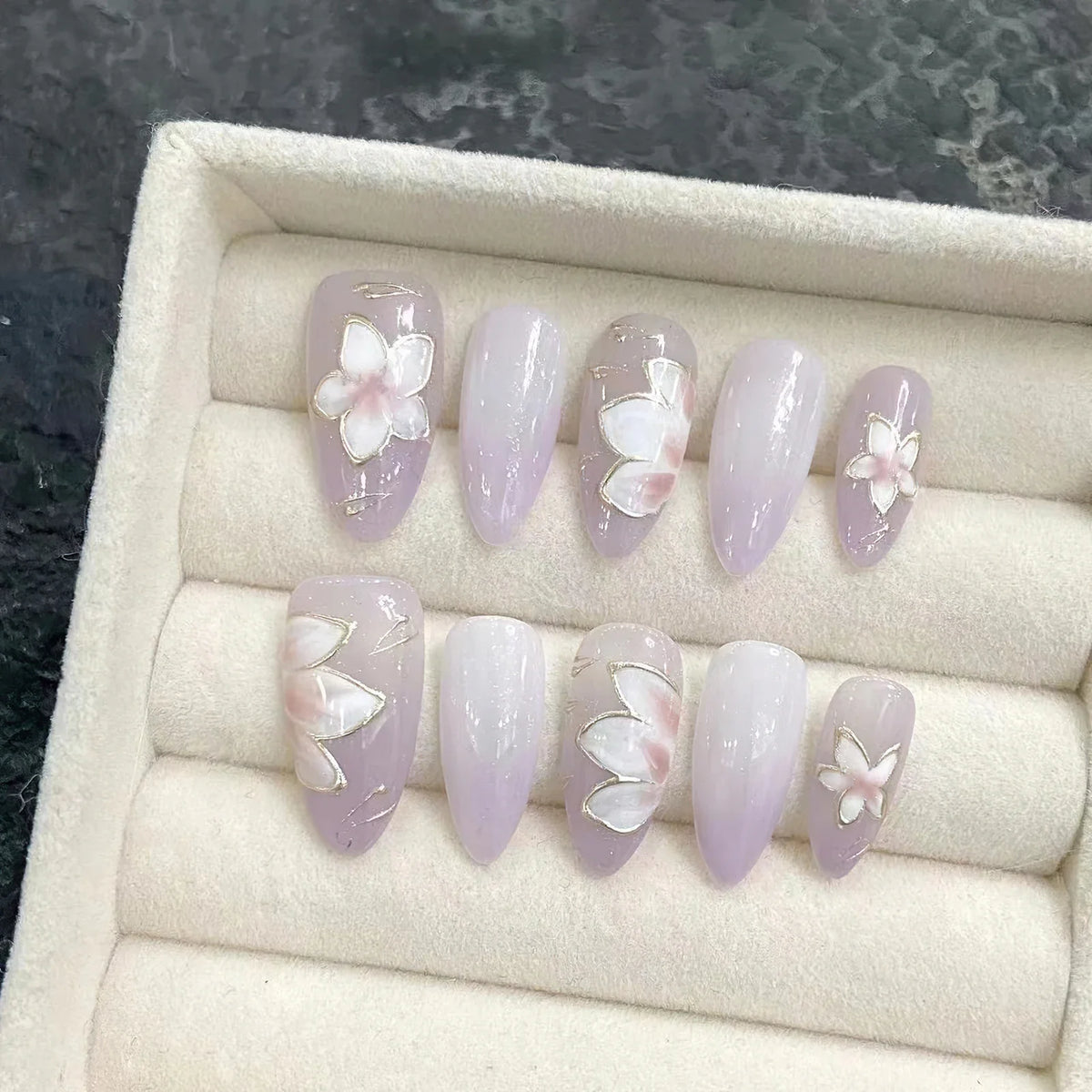 Purple Flower Almond Press On Nails | Japanese Style 10pcs