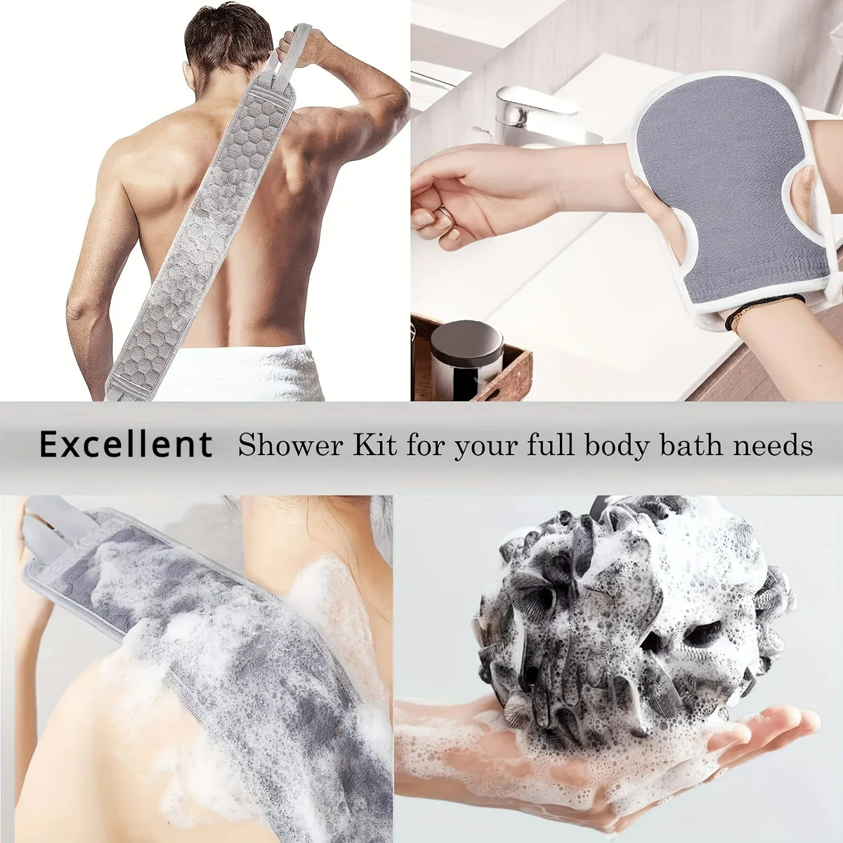 3-Piece Exfoliating Body Scrubber Set – Back Scrubber, Glove & Loofah