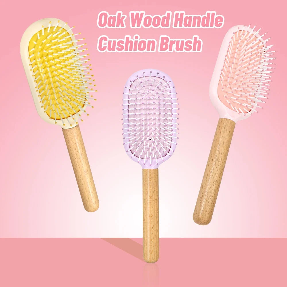 Pastel Air Cushion Hair Brush – Oak Wood Handle & Soft Bristles