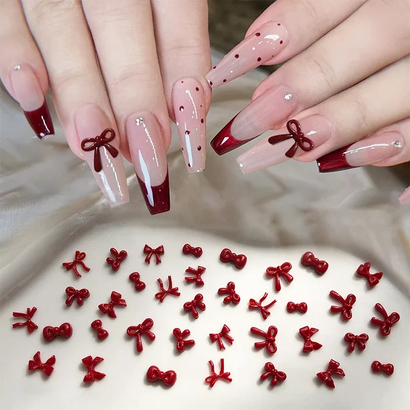 100pcs 3D Red Bow Nail Charms | Kawaii Resin Nail Art Decor