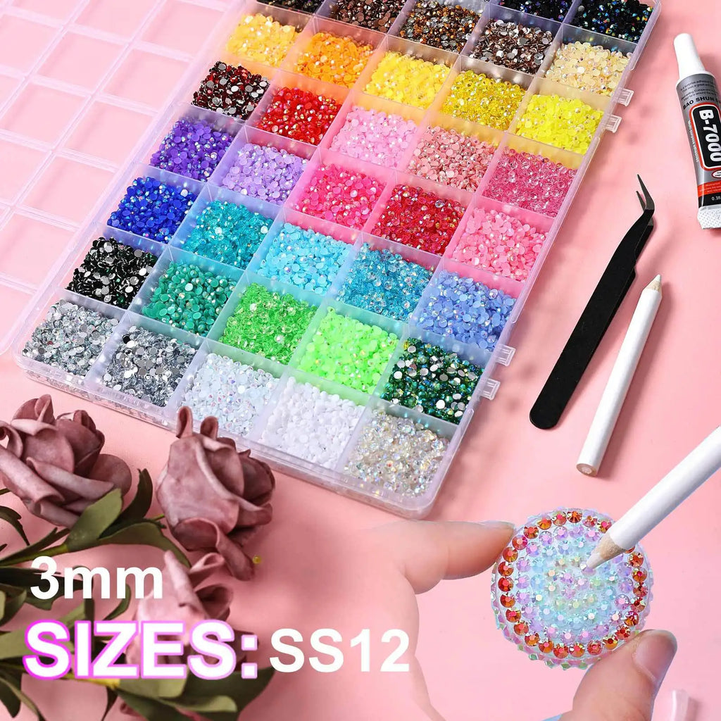 40-Color 3mm Flat Back Resin Rhinestones – 18,000+ Gem Kit