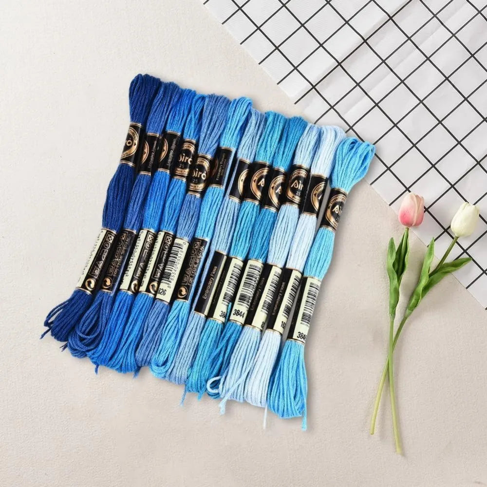 12 Skeins Variegated Blue Embroidery Floss Gradient Thread Set