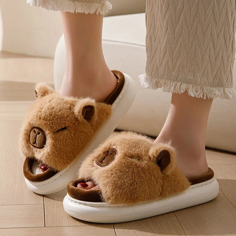 Women's Fluffy Faux Fur Animal Slippers – Open Toe Indoor Slides