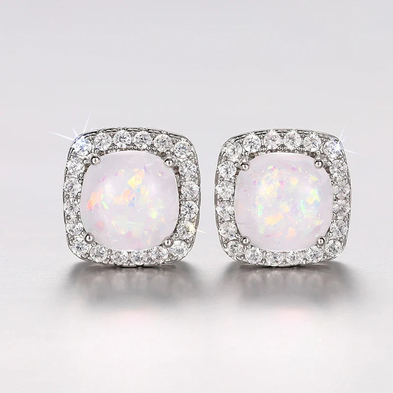 Huitan Opal Stud Earrings – Cubic Zirconia Silver & Rose Gold
