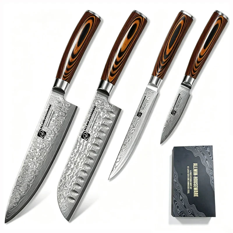 4-Pc 67-Layer Damascus Chef Knife Set – Santoku & Utility