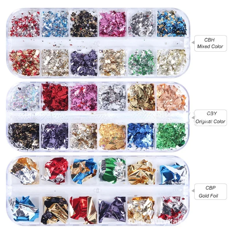 12-Color Metallic Nail Foil Flakes – Gold Silver Copper Gilding Kit