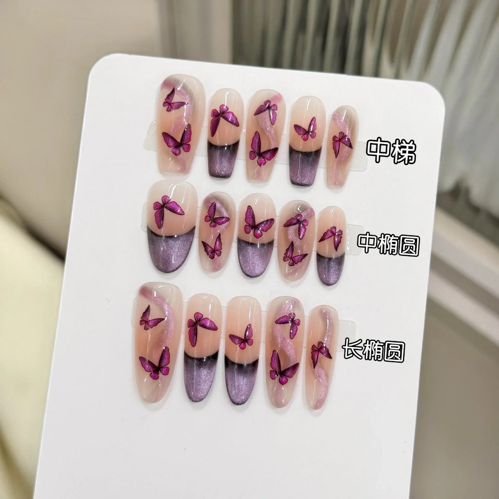 Handmade Rose Purple French Cat's Eye Press Nails Glitter Butterfly