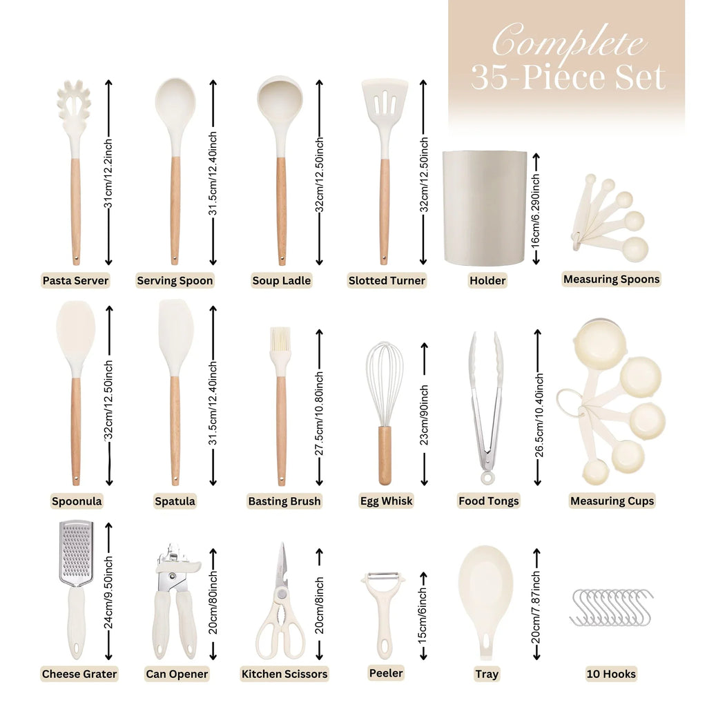 Silicone Kitchen Utensil Set – Wooden Handle Cooking Tools