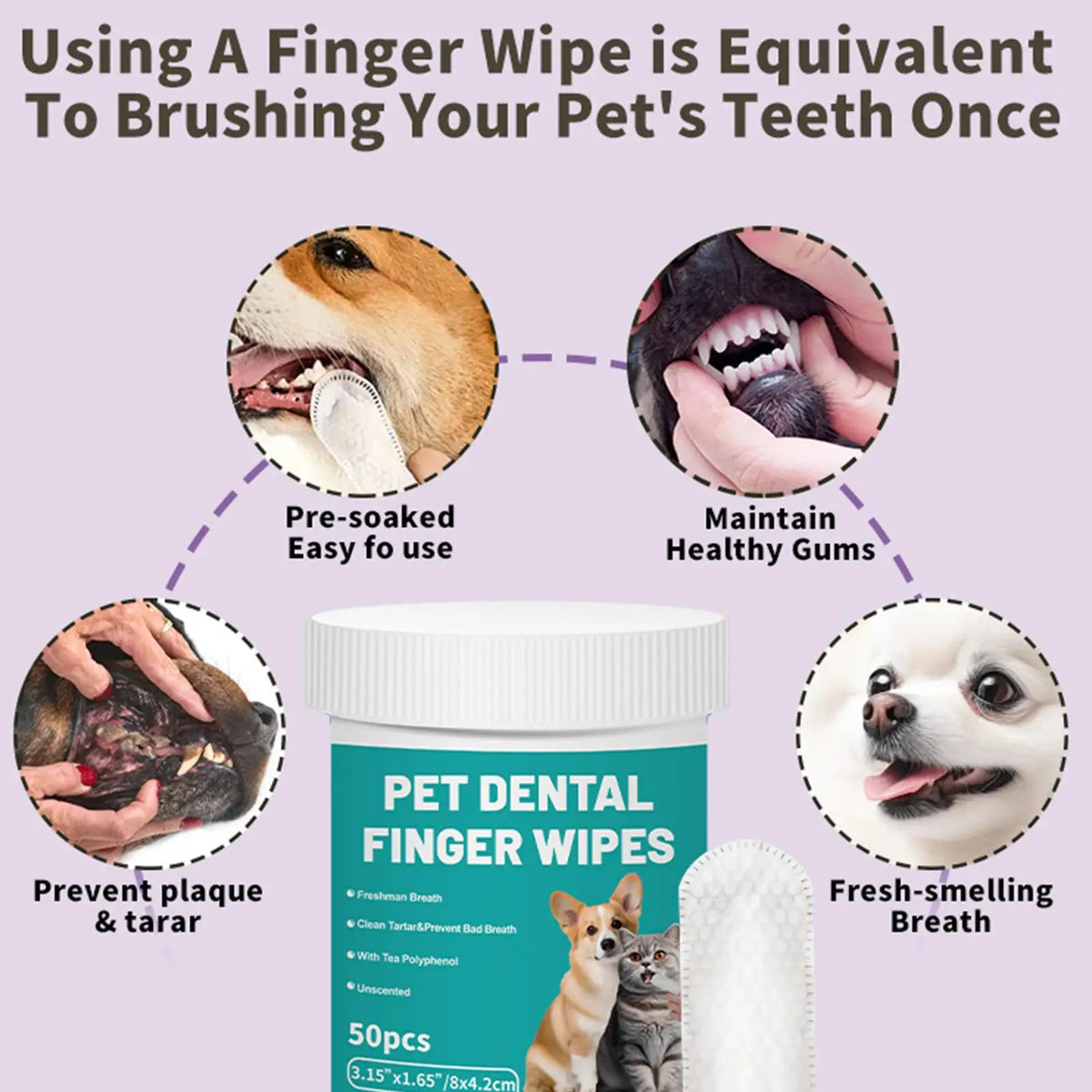 Pet Dental Finger Wipes 50 Pack | Dog & Cat Teeth Cleaning